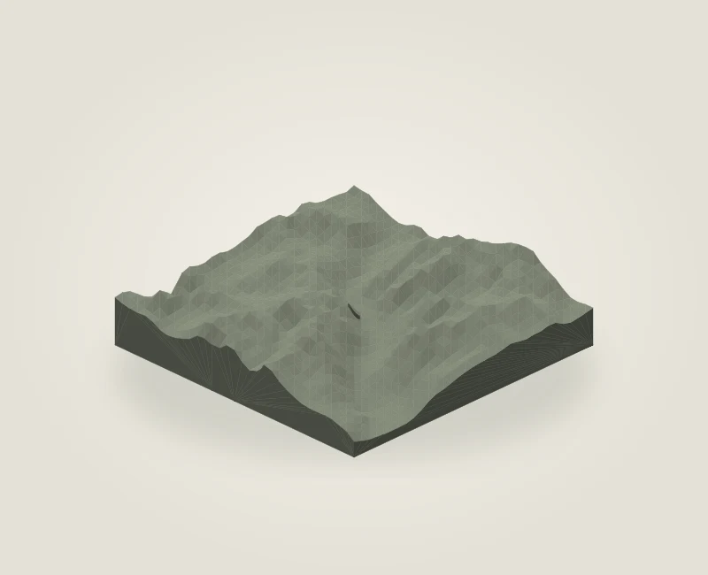 Illustrative single-color terrain model of the Sawtooth Mountains with a raised circular location marker